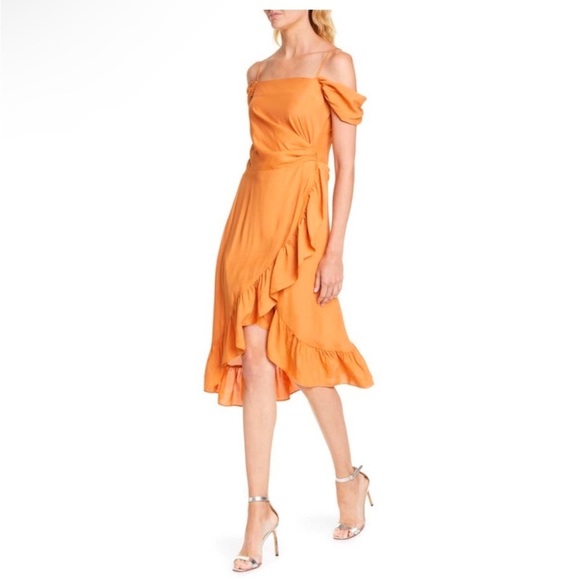 MAJE Routila Wrap Effect Cold Shoulder Midi Dress in Terracotta Size 1 (Small) - Picture 1 of 13